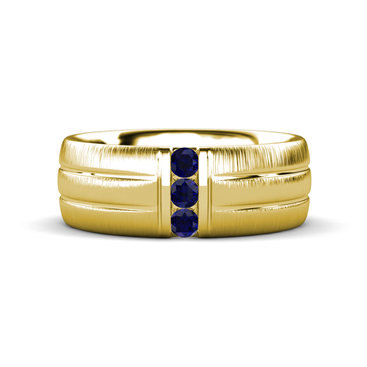 LeBron Round Blue Sapphire with Brushed and Polished Finish Three Stone Men's Wedding Band (8 mm) 